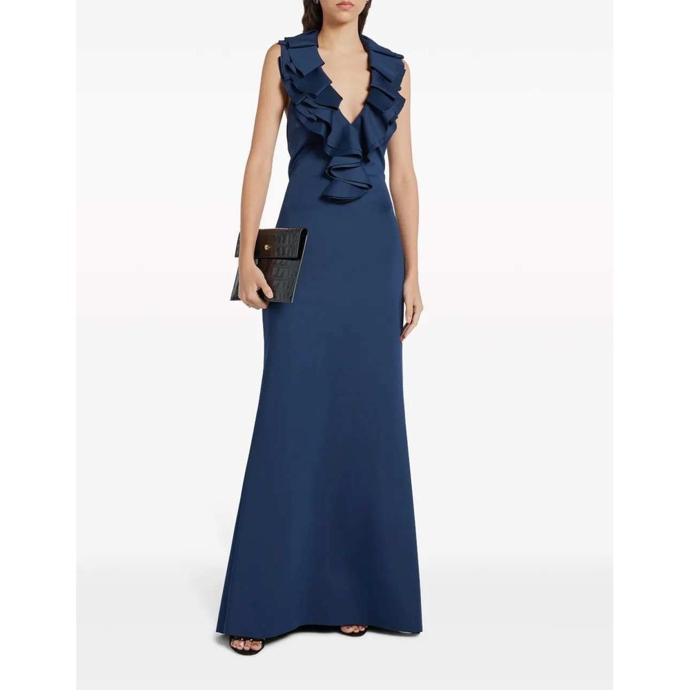 Badgley Mischka Ruffle Halter Trumpet Gown 10 Blue Navy Evening Formal Dress